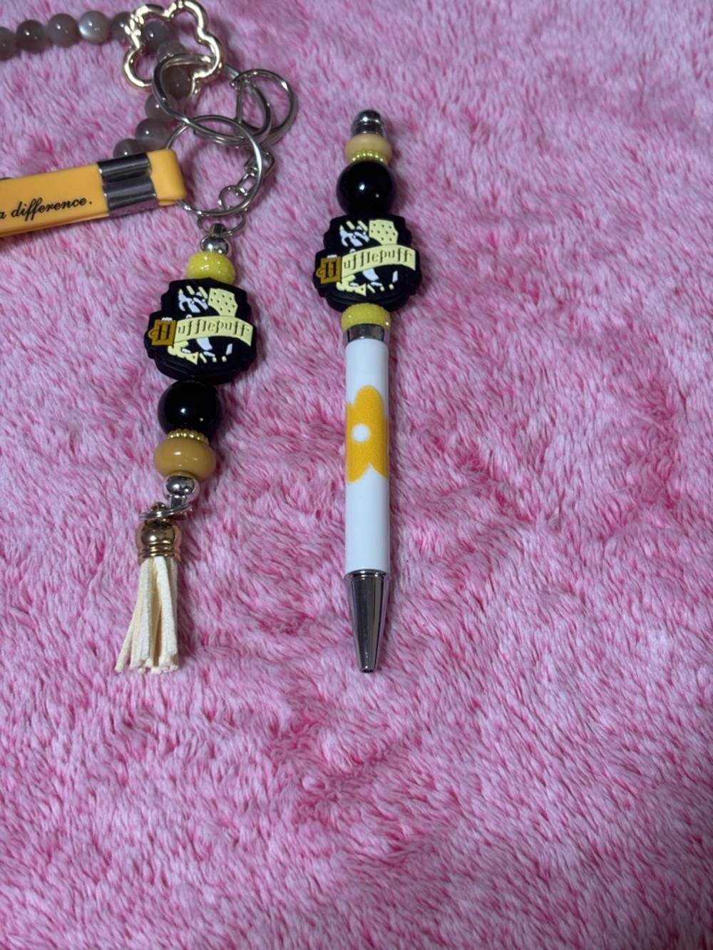 Yellow Beaded Inspirational Keychain Hufflepuff Crest and Matching Pen Set